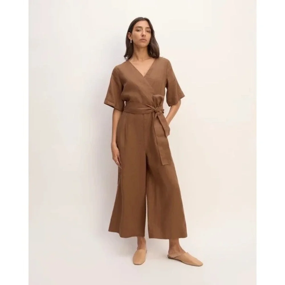 Everlane The Wrap Jumpsuit Brown Linen Blend Wrap V-Neck Wide Leg Belted Size 0